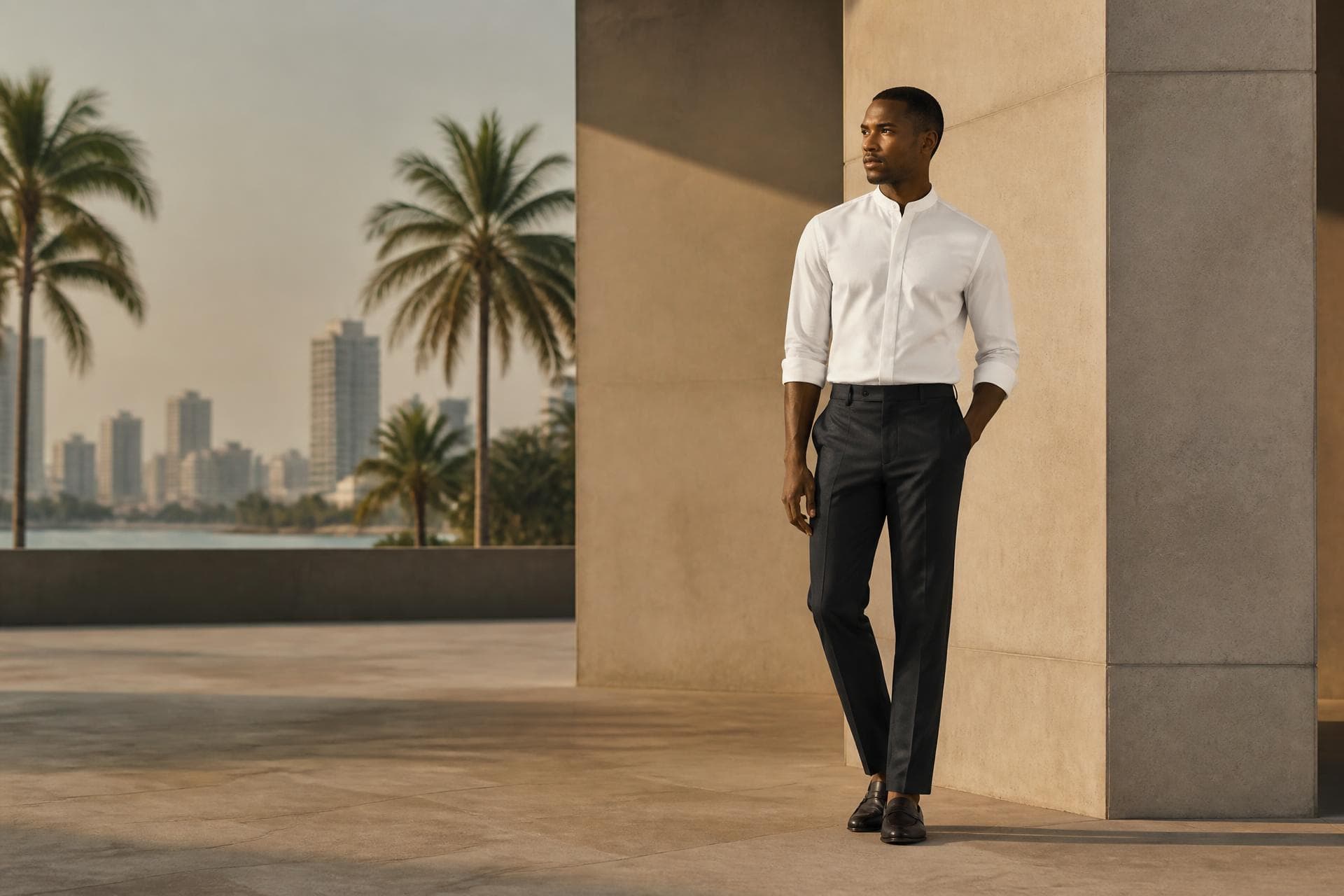 Model wearing Tomis Half-Collar Shirt White with architecture