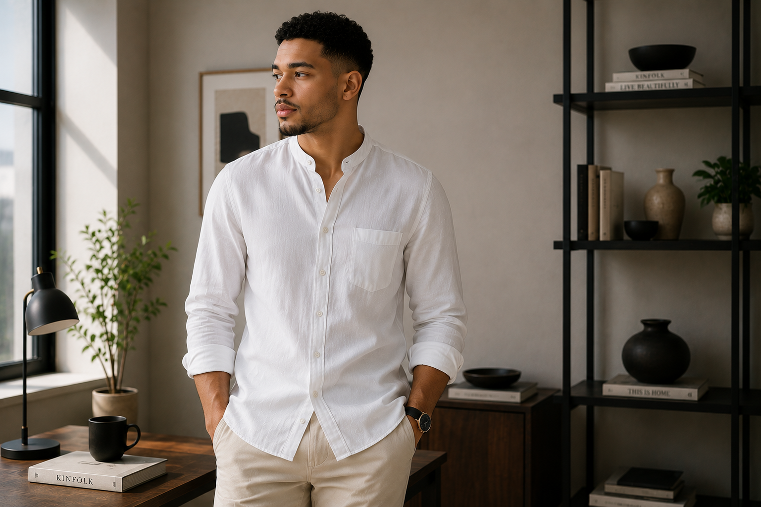 Man wearing Tomis half-collar shirt in modern office