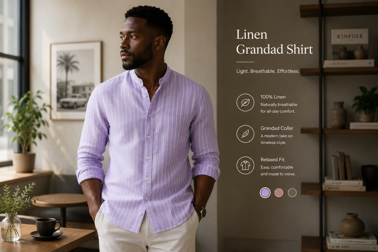 Model wearing Tomis Half-Collar Shirt Stone Cream