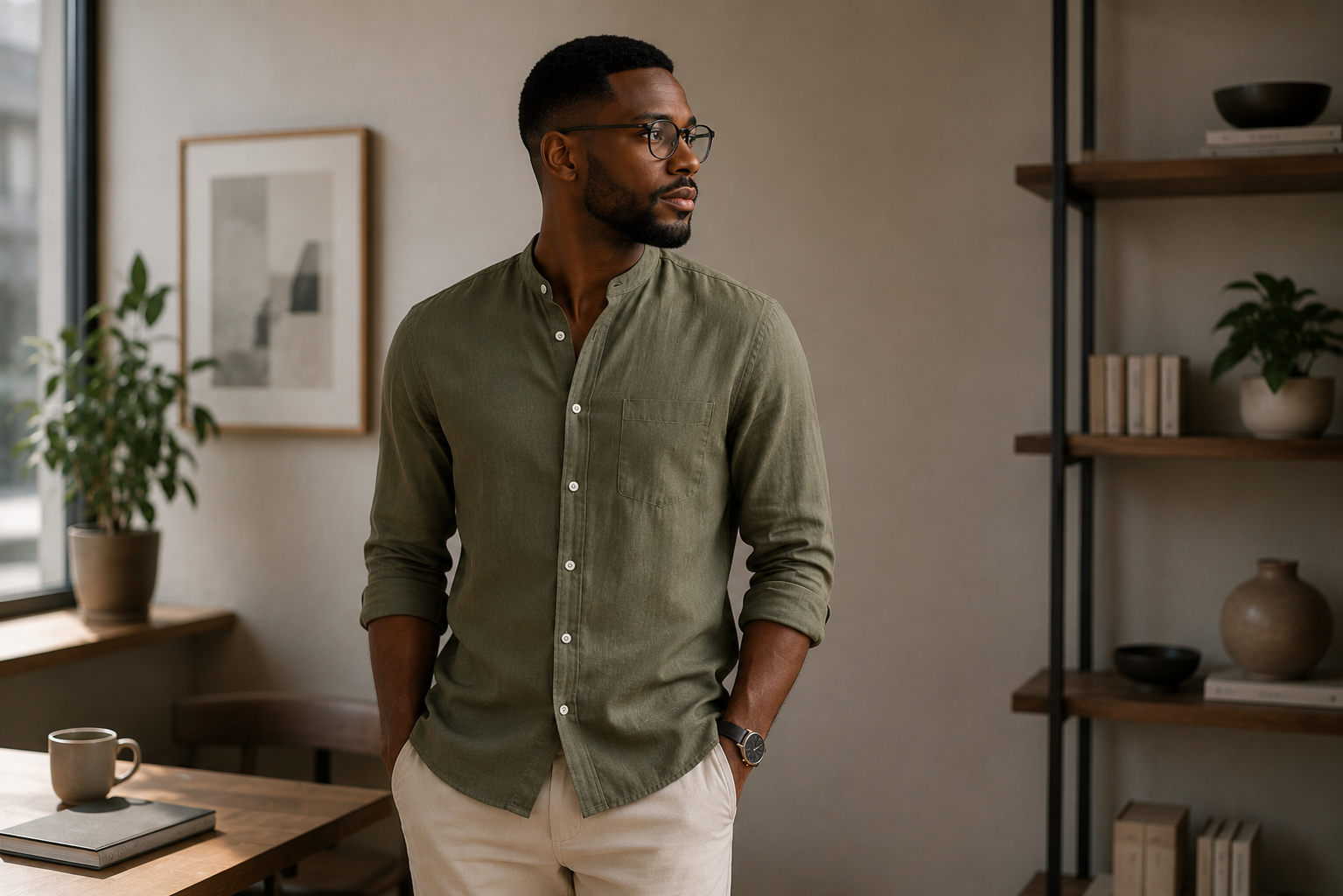Model wearing Tomis Half-Collar Shirt Olive with glasses