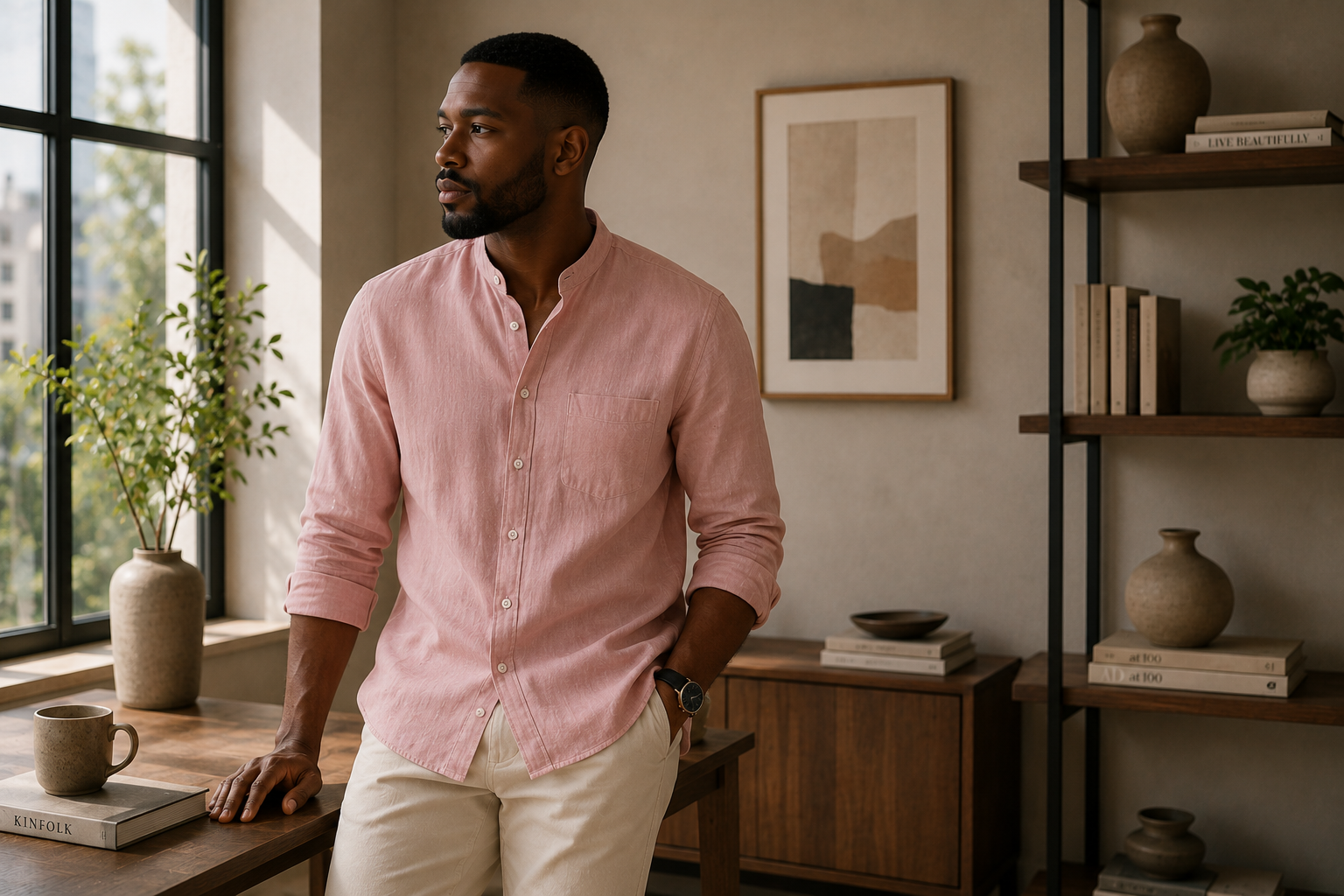 Model wearing Tomis Half-Collar Shirt Pink in office